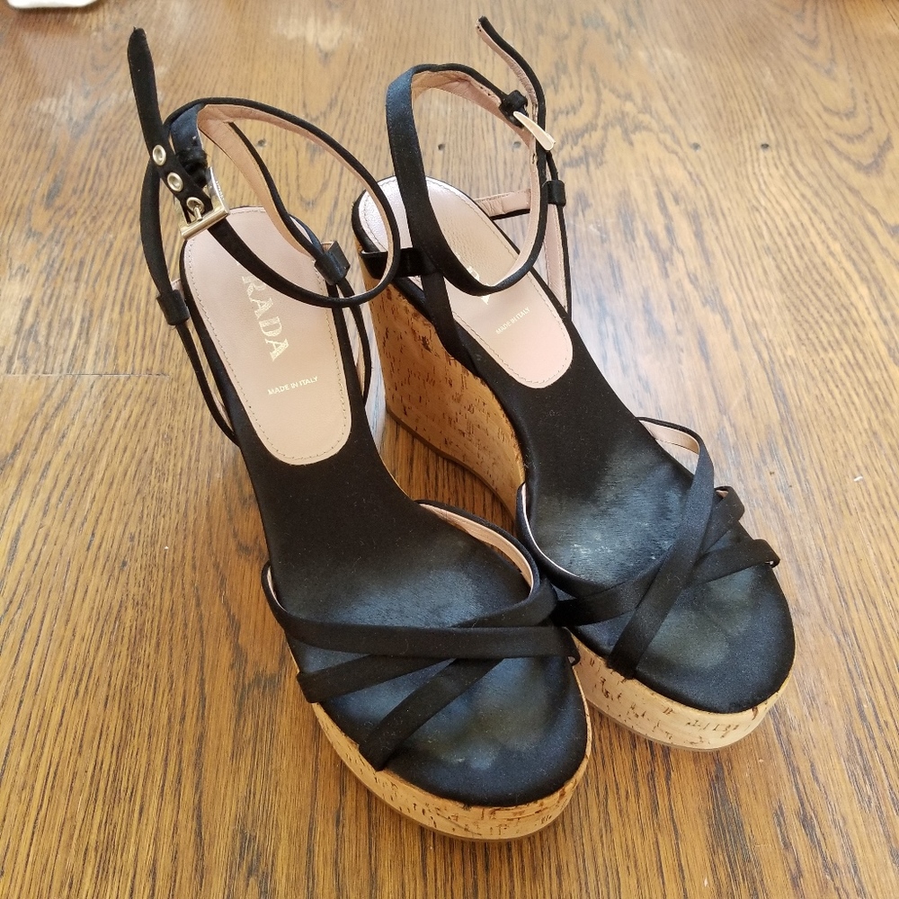 Black Satin Prada Cork Wedges